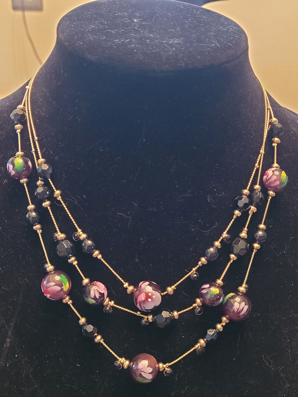 Floral Glass Bead 3 Strand Statement Necklace - Purple Black  Gold Adjustable